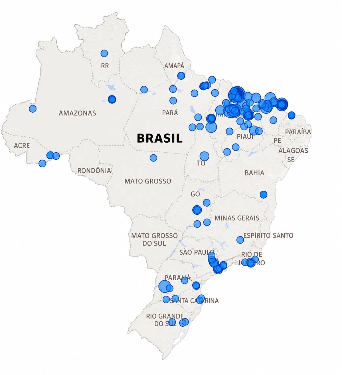 Mapa do Brasil com pontos de clientes atendidos pela RB
